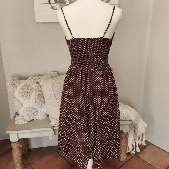 Skylar+Madison Midi Brown Polkadot Flowing Cutout Swing Summer Dress Size Small - Picture 6 of 7